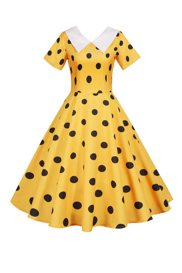 Lunares Vestido Vintage Amarillo Mangas Cortas